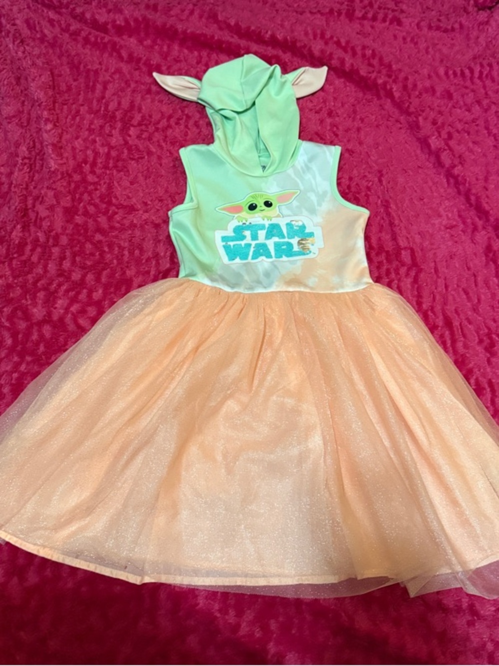Star Wars Green and Peach Baby Yoda Hooded Tulle Dress